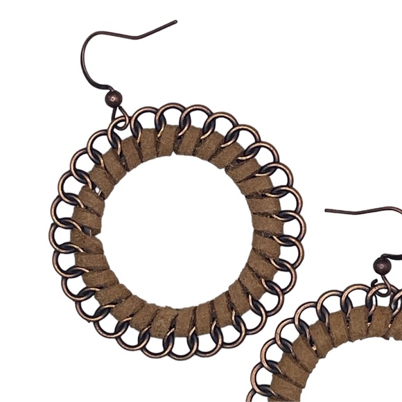 Faux Suede Boho Threaded Drop Hoop Earrings - Picture 4 of 5